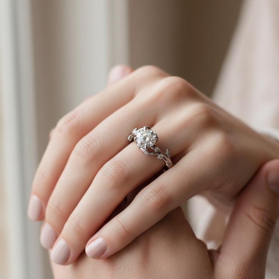 Nature Ring, Round Lab-Grown Diamond Engagement Platinum Bypass Band IGI Certified
