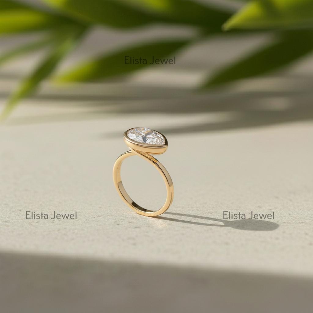 Pear Cut Lab-Grown Diamond Ring, 14K Yellow Gold Bezel Solitaire