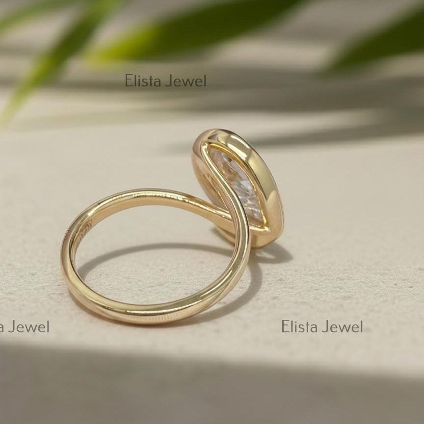 Pear Cut Lab-Grown Diamond Ring, 14K Yellow Gold Bezel Solitaire