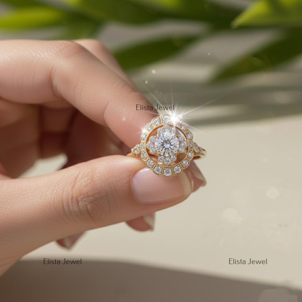 Lab-Grown Diamond Double Halo Engagement Ring: 10K Yellow Gold Floral Ring