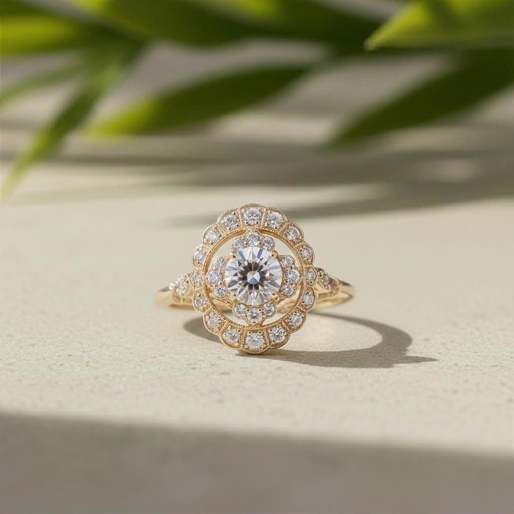 Lab-Grown Diamond Double Halo Engagement Ring: 10K Yellow Gold Floral Ring