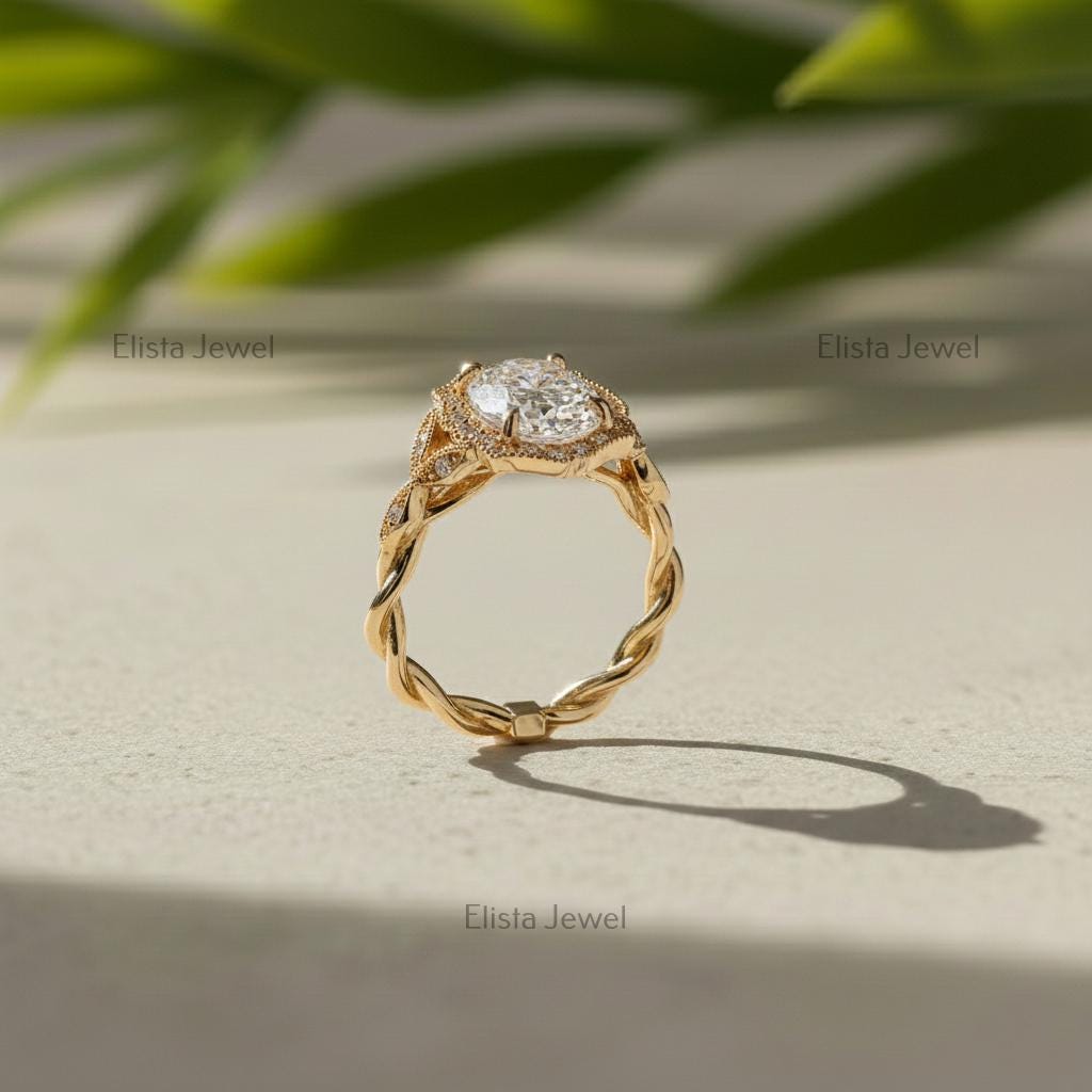 Oval Lab-Grown Diamond Halo Engagement Ring, 14K Yellow Gold Milgrain Twisted Band