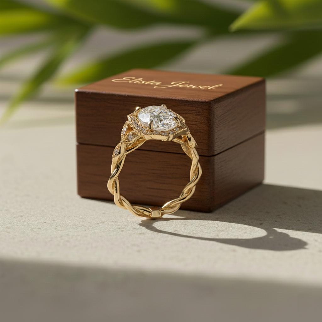 Oval Lab-Grown Diamond Halo Engagement Ring, 14K Yellow Gold Milgrain Twisted Band