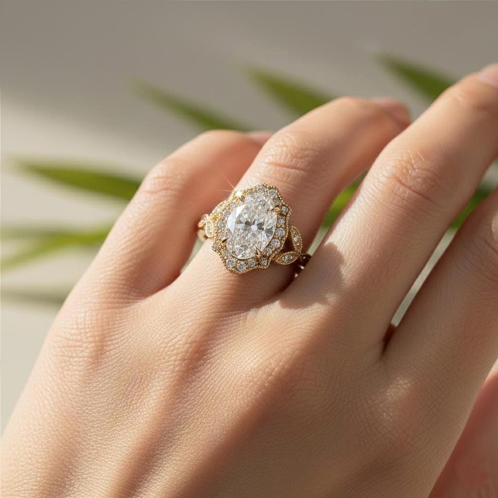 Oval Lab-Grown Diamond Halo Engagement Ring, 14K Yellow Gold Milgrain Twisted Band