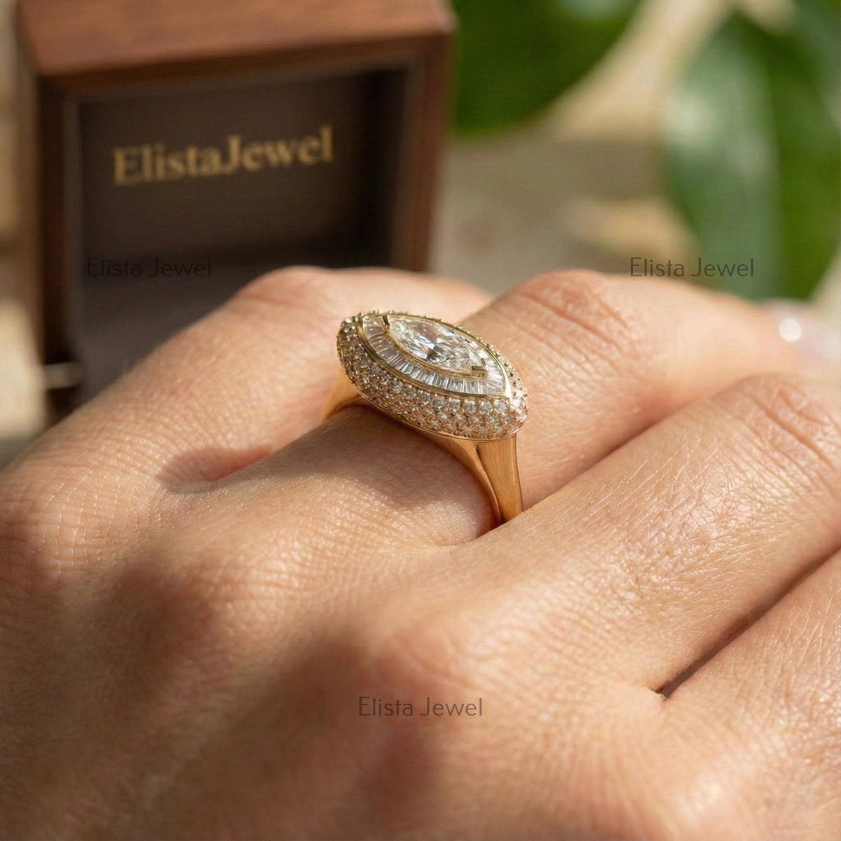 Marquise Lab-Grown Diamond Double Halo Ring, 14K Yellow Gold Art Deco Cocktail Ring
