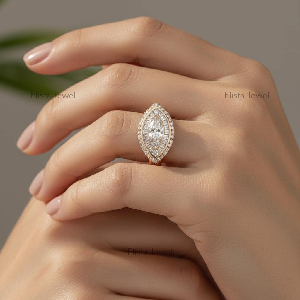 Marquise Lab-Grown Diamond Double Halo Ring, 14K Yellow Gold Art Deco Cocktail Ring