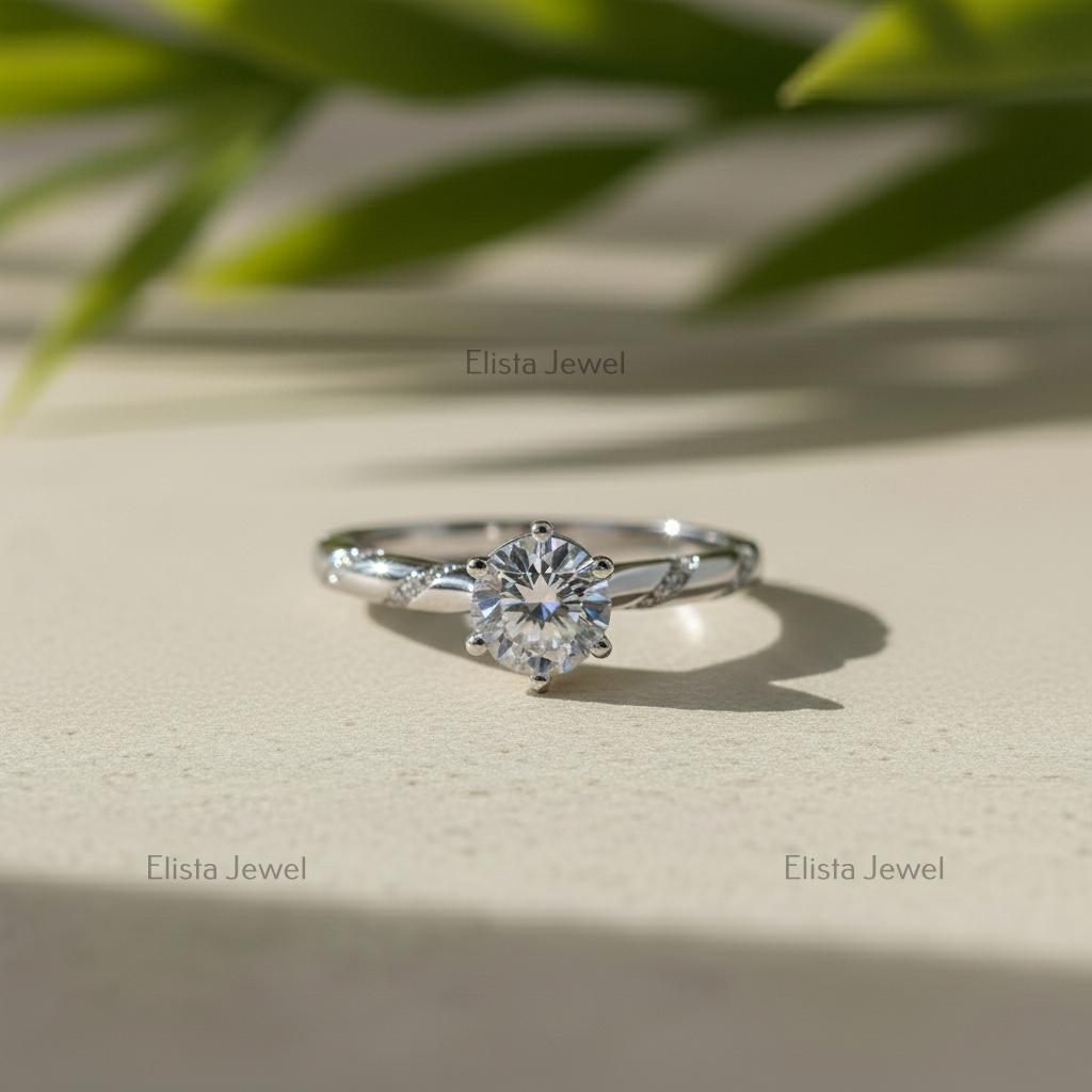Round Lab-Grown Diamond Engagement Ring, 14K White Gold, Unique Pave Band