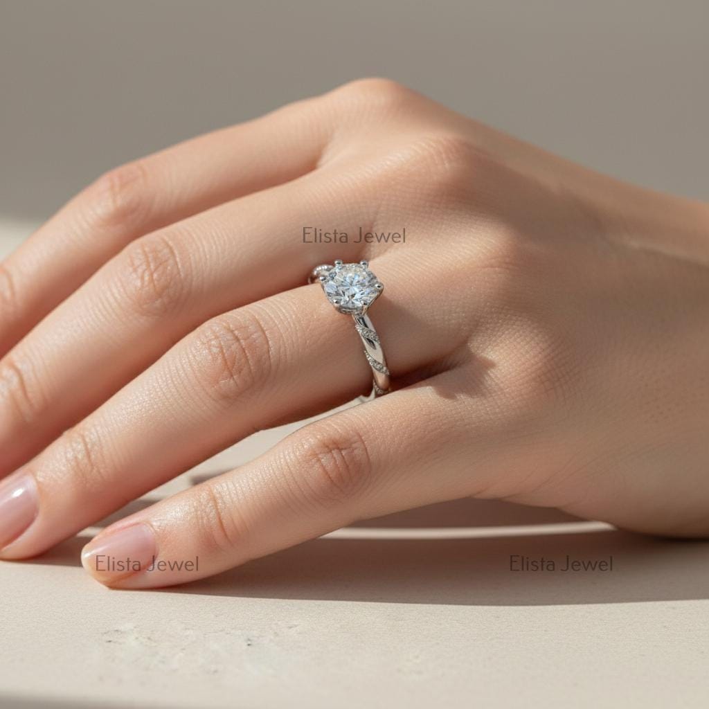 Round Lab-Grown Diamond Engagement Ring, 14K White Gold, Unique Pave Band