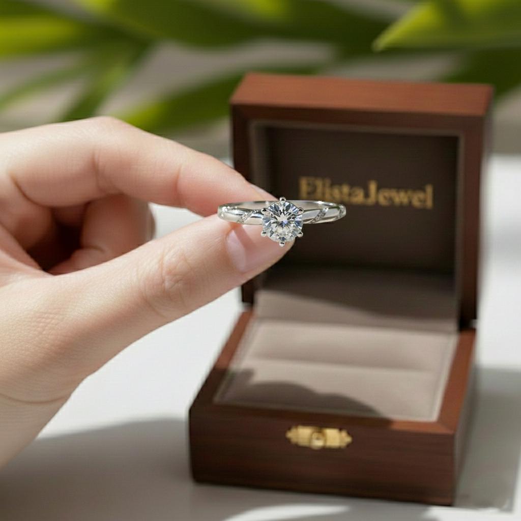 Round Lab-Grown Diamond Engagement Ring, 14K White Gold, Unique Pave Band