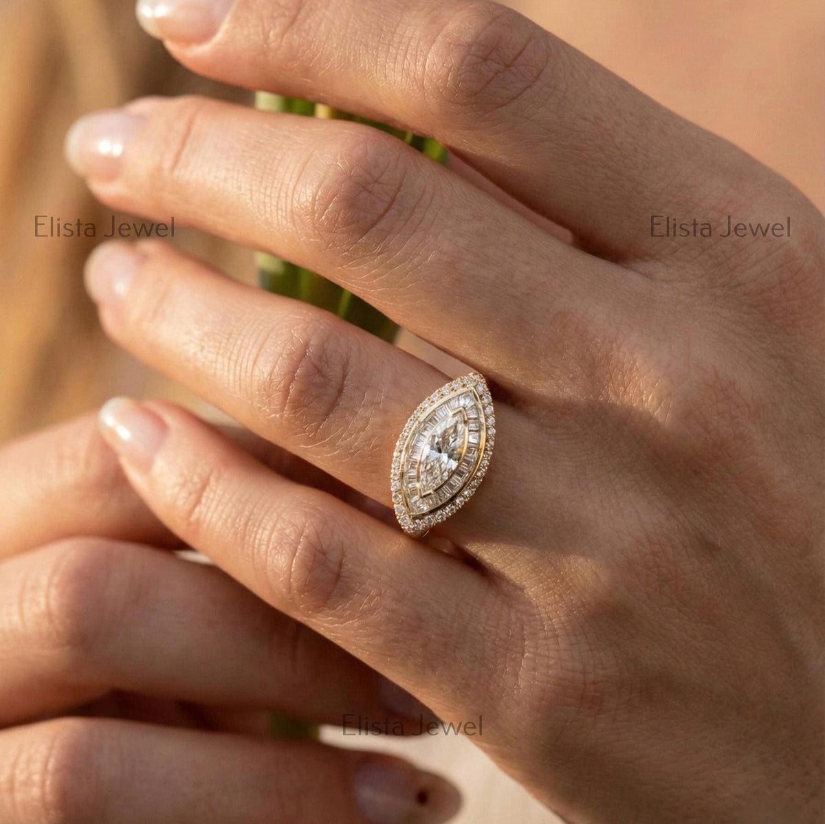Marquise Lab-Grown Diamond Double Halo Ring, 14K Yellow Gold Art Deco Cocktail Ring