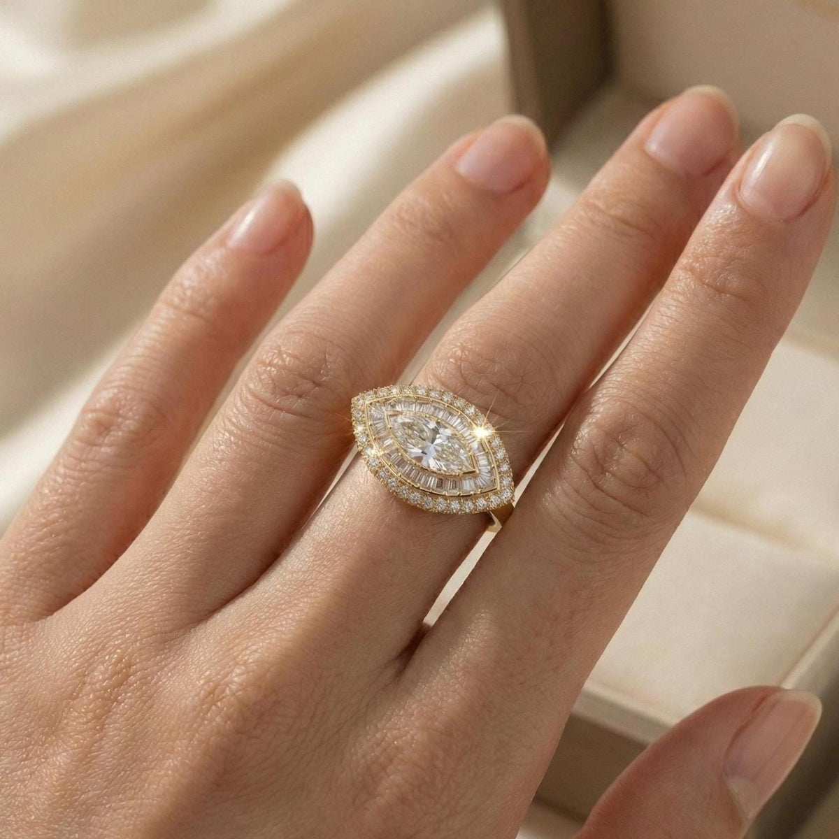 Marquise Lab-Grown Diamond Double Halo Ring, 14K Yellow Gold Art Deco Cocktail Ring