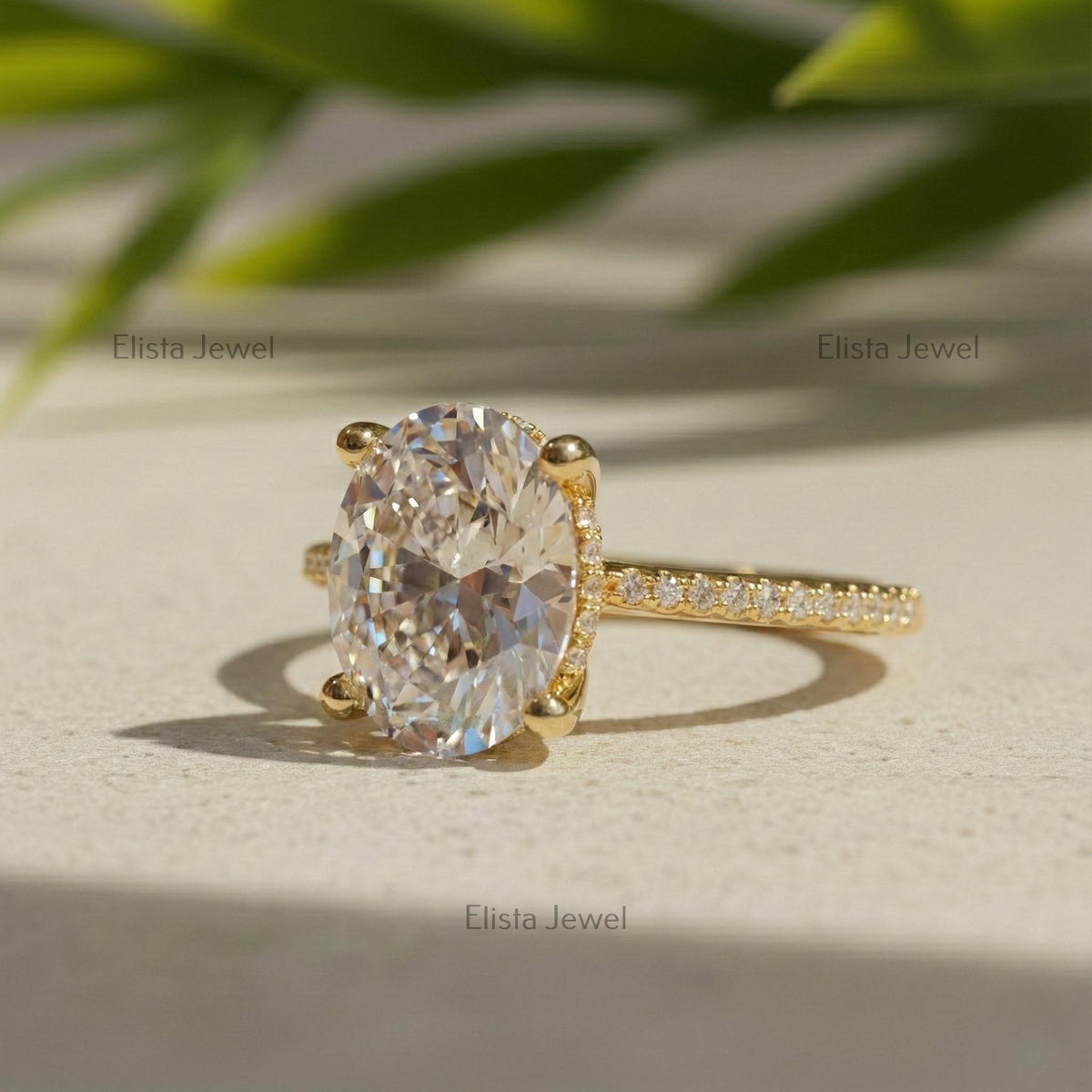 2 Carat Oval Lab Grown Diamond Ring, 14K Yellow Gold Pavé Band