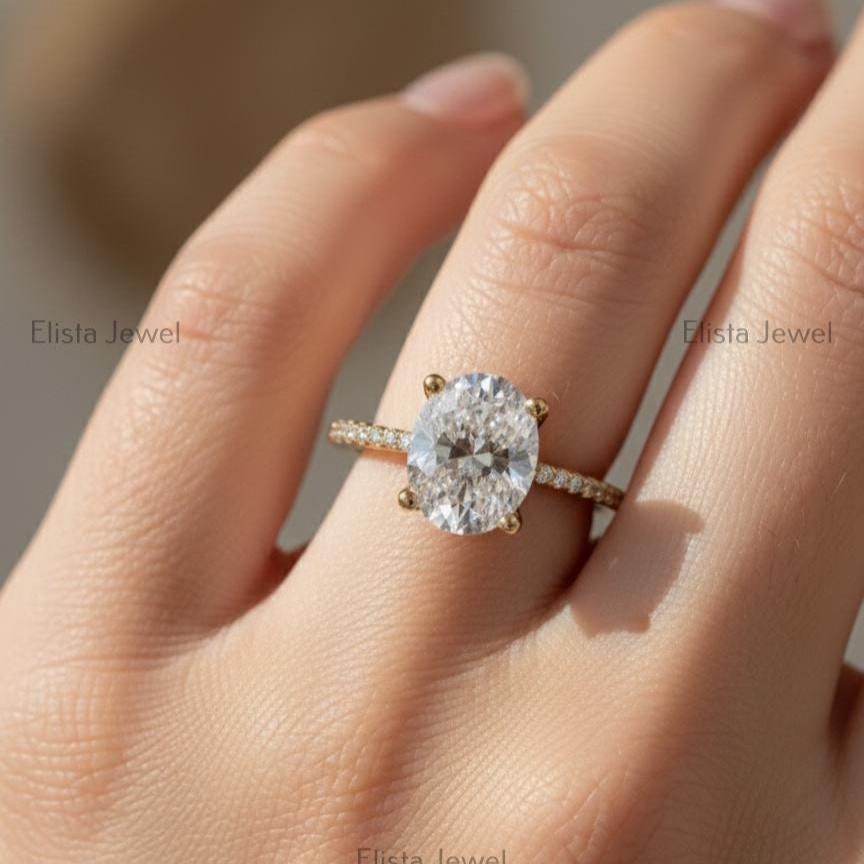 2 Carat Oval Lab Grown Diamond Ring, 14K Yellow Gold Pavé Band