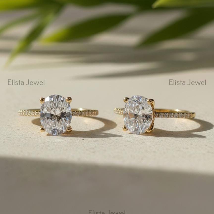 2 Carat Oval Lab Grown Diamond Ring, 14K Yellow Gold Pavé Band