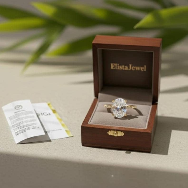 2 Carat Oval Lab Grown Diamond Ring, 14K Yellow Gold Pavé Band