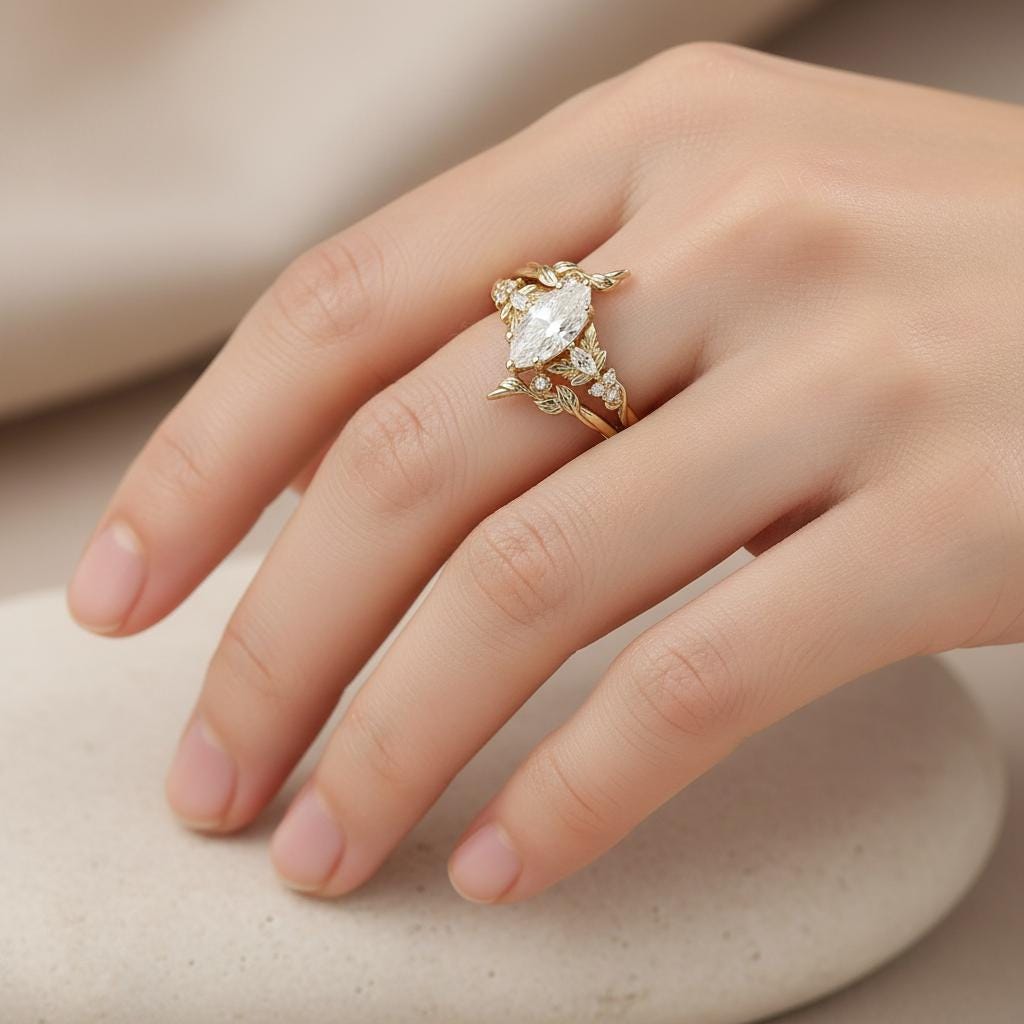 Marquise Lab-grown Diamond Bridal Ring Set, 18K Solid Yellow Gold Nature Inspired Leaf Band