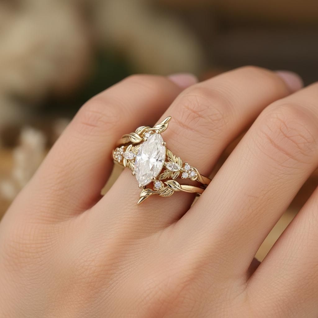 Marquise Lab-grown Diamond Bridal Ring Set, 18K Solid Yellow Gold Nature Inspired Leaf Band