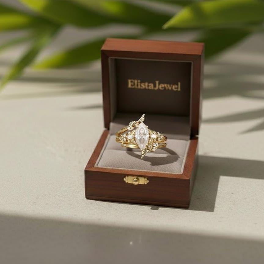 Marquise Lab-grown Diamond Bridal Ring Set, 18K Solid Yellow Gold Nature Inspired Leaf Band