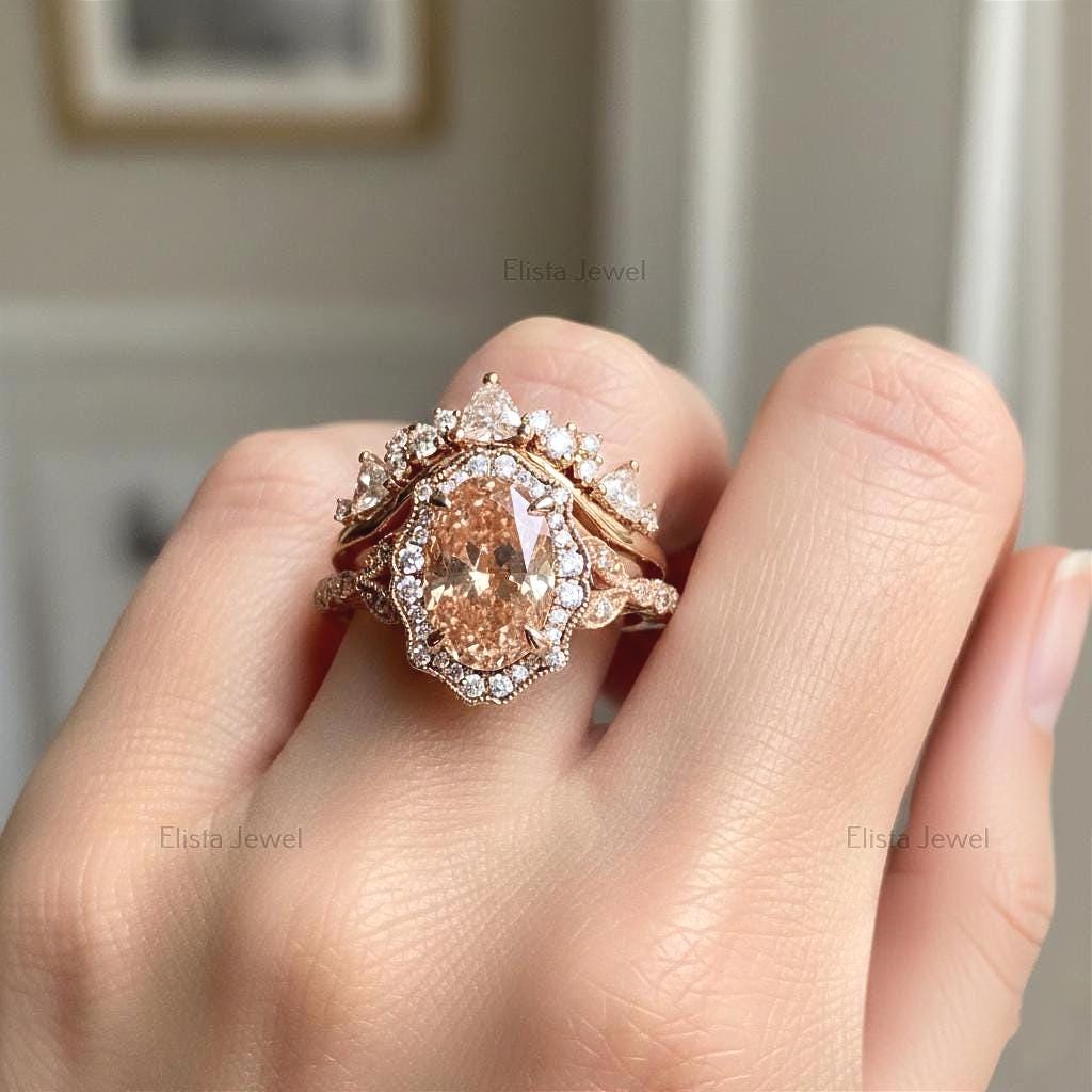 Fancy Pink Oval Lab Grown Diamond Halo Ring, 18K Rose Gold Bridal Set