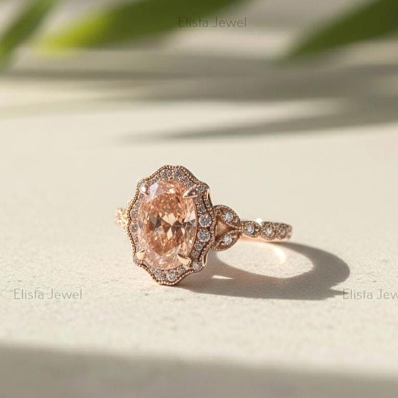 Fancy Pink Oval Lab Grown Diamond Halo Ring, 18K Rose Gold Bridal Set