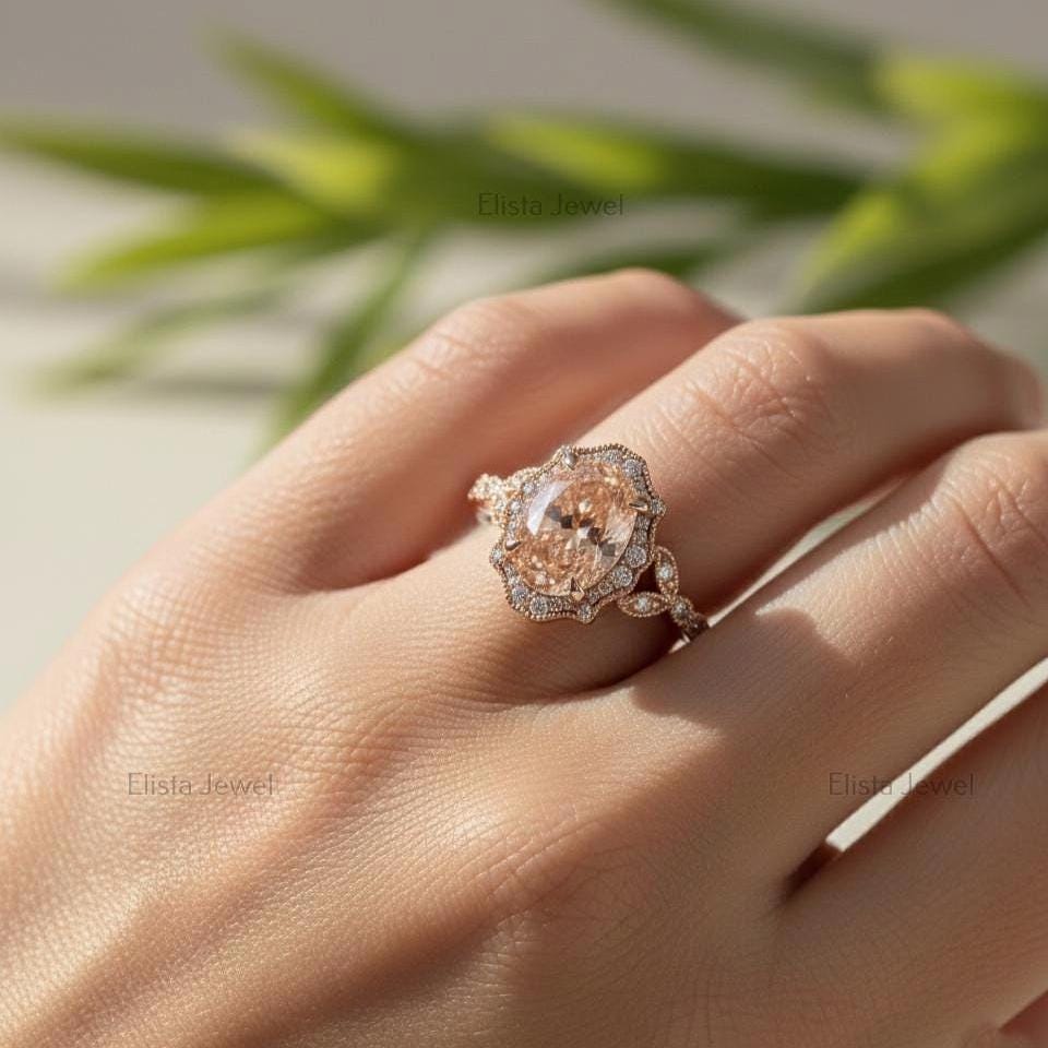 Fancy Pink Oval Lab Grown Diamond Halo Ring, 18K Rose Gold Bridal Set