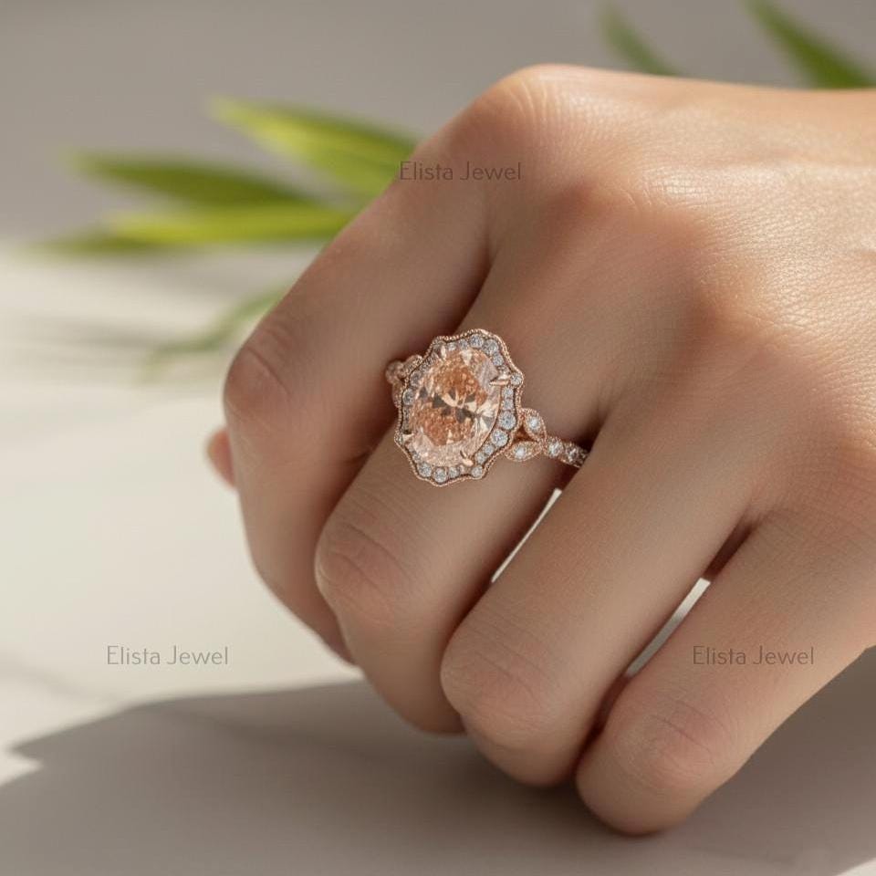 Fancy Pink Oval Lab Grown Diamond Halo Ring, 18K Rose Gold Bridal Set