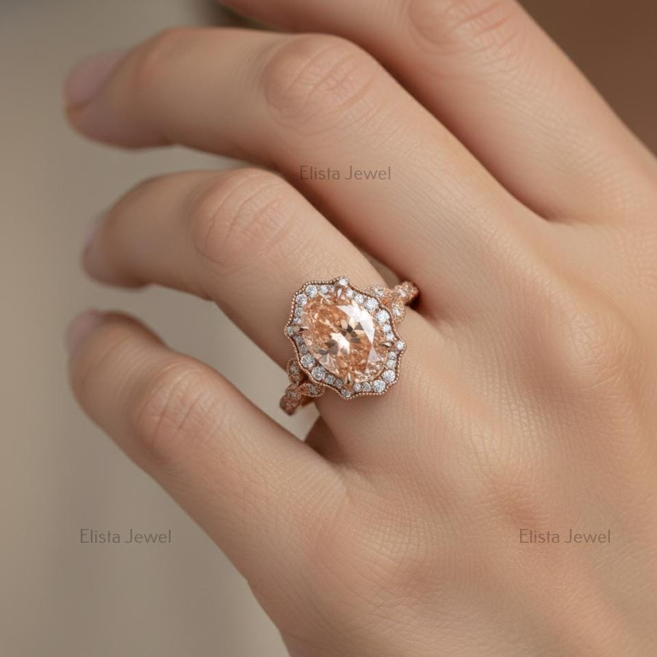 Fancy Pink Oval Lab Grown Diamond Halo Ring, 18K Rose Gold Bridal Set