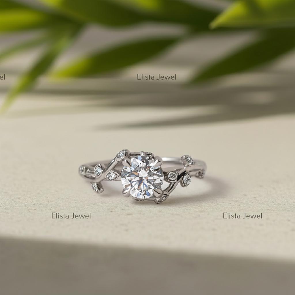 Nature Ring, Round Lab-Grown Diamond Engagement Platinum Bypass Band IGI Certified
