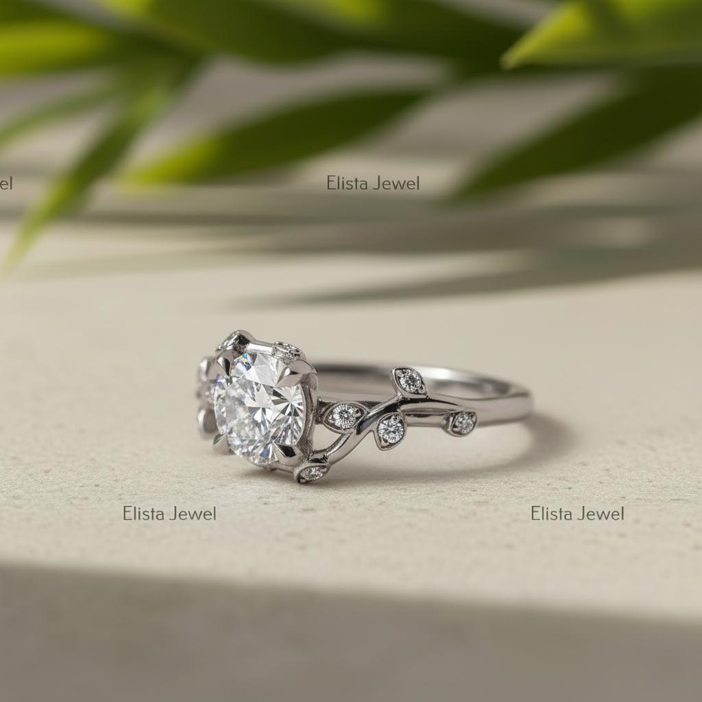 Nature Ring, Round Lab-Grown Diamond Engagement Platinum Bypass Band IGI Certified