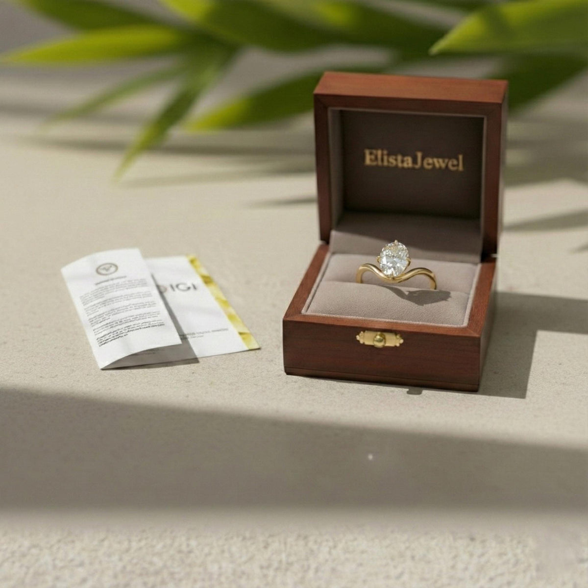 Oval Lab-Grown Diamond Engagement Ring, 14K Yellow Gold Wave Band