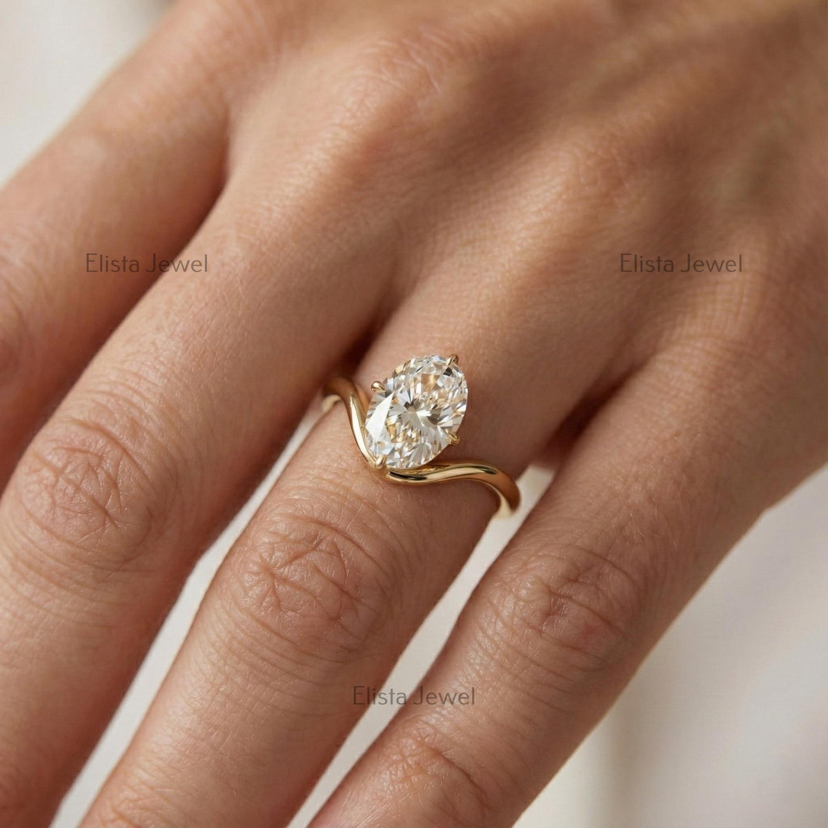 Oval Lab-Grown Diamond Engagement Ring, 14K Yellow Gold Wave Band