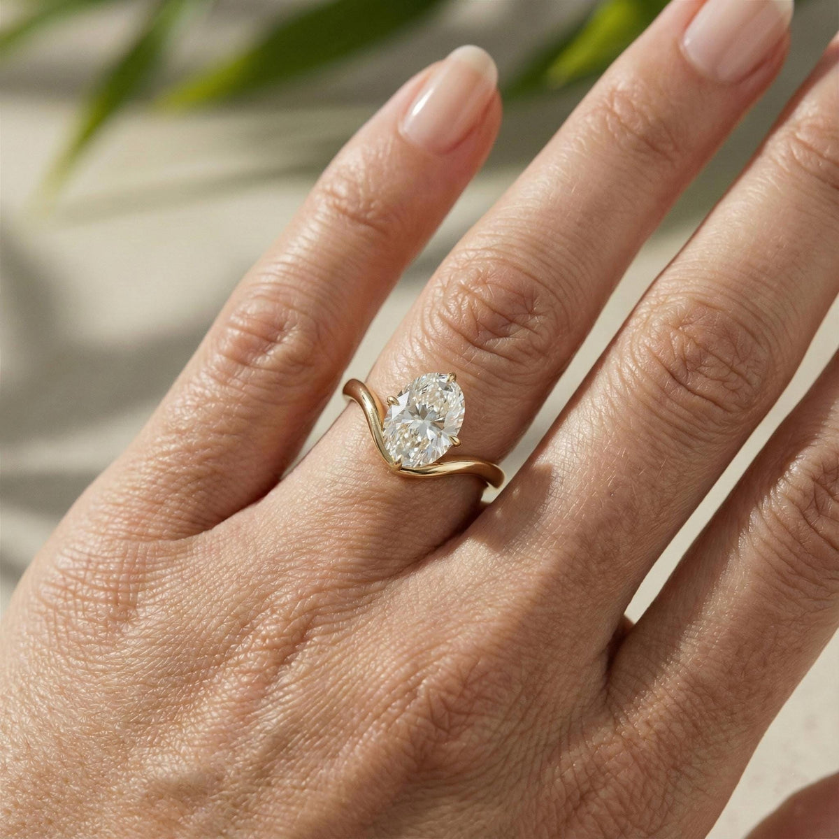 Oval Lab-Grown Diamond Engagement Ring, 14K Yellow Gold Wave Band