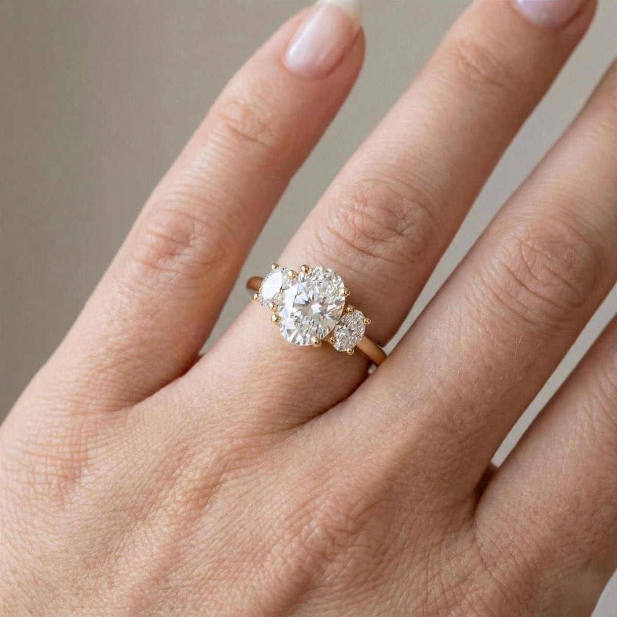 Oval Lab-Grown Diamond Three-Stone Engagement Ring, 14K Yellow Gold Trilogy Wedding Band
