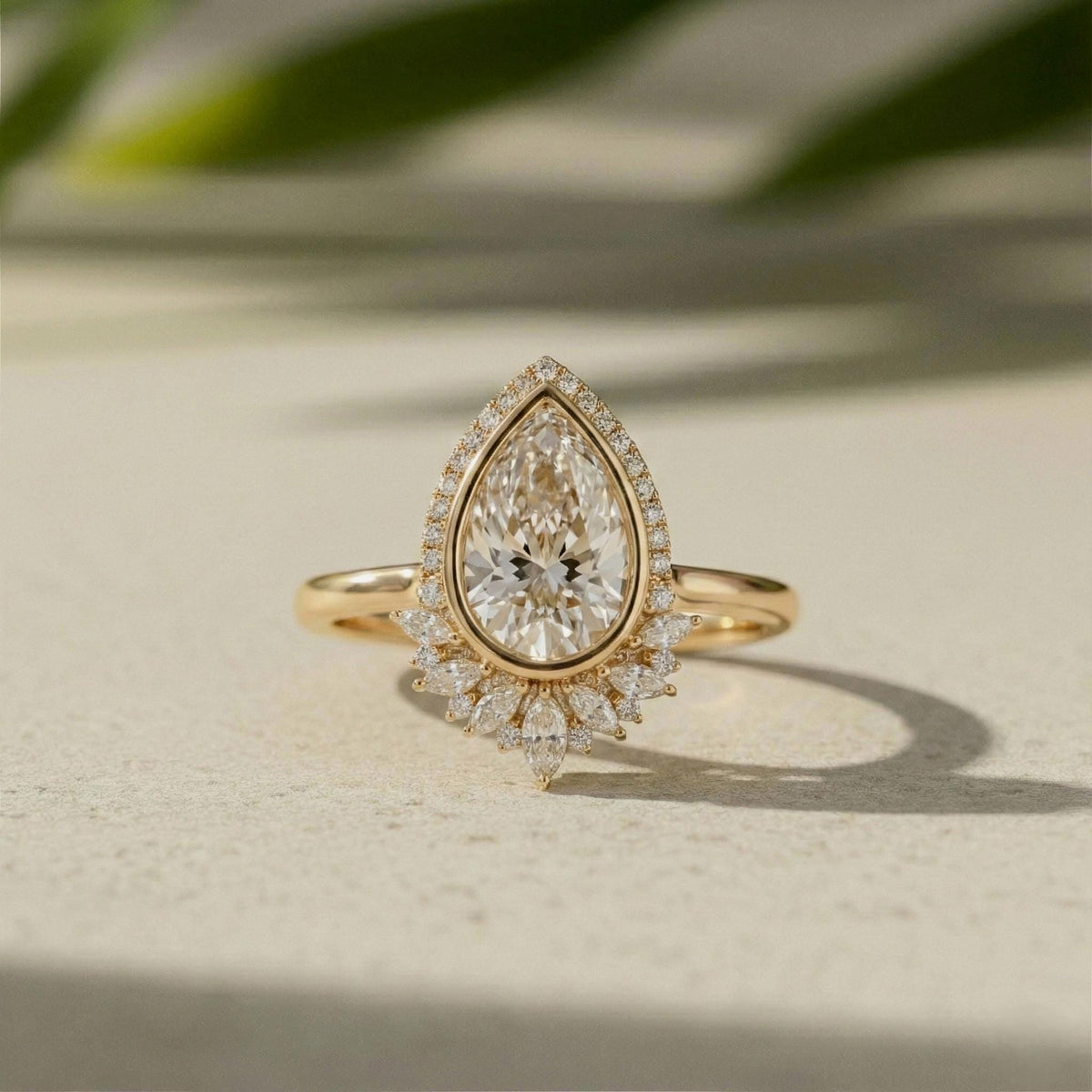 Pear Lab-Grown Diamond Halo Ring, Yellow Gold Art Deco Engagement Ring
