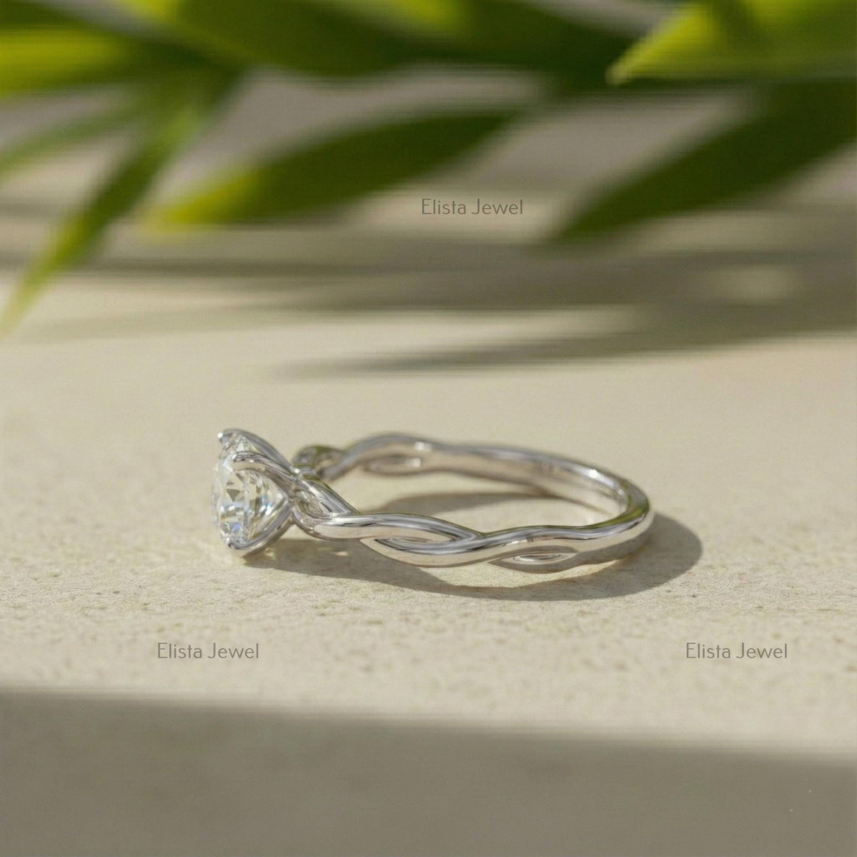 Round Lab Grown Diamond Solitaire Engagement Ring: 14K White Gold Twisted Infinity Band