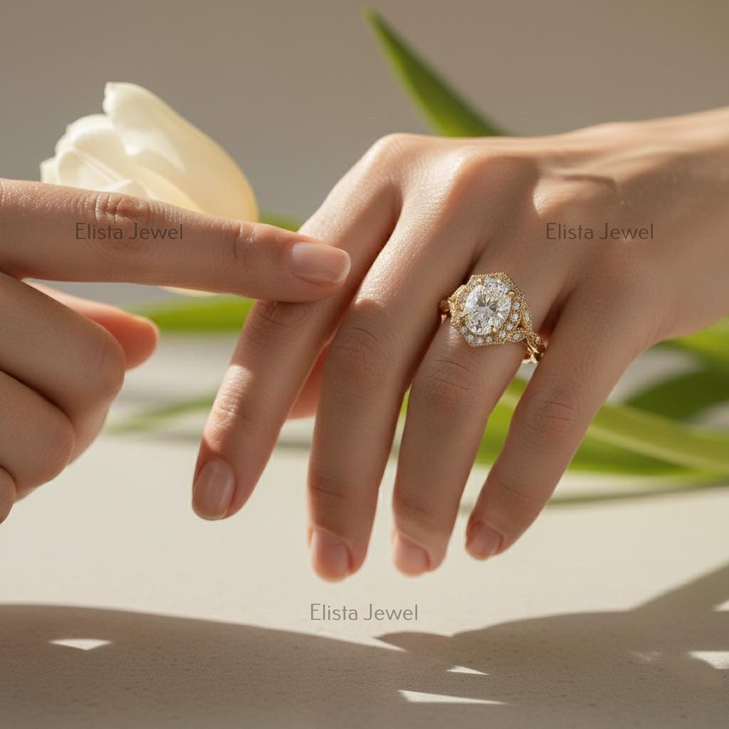 Oval Lab-Grown Diamond Halo Engagement Ring, 14K Yellow Gold Milgrain Twisted Band