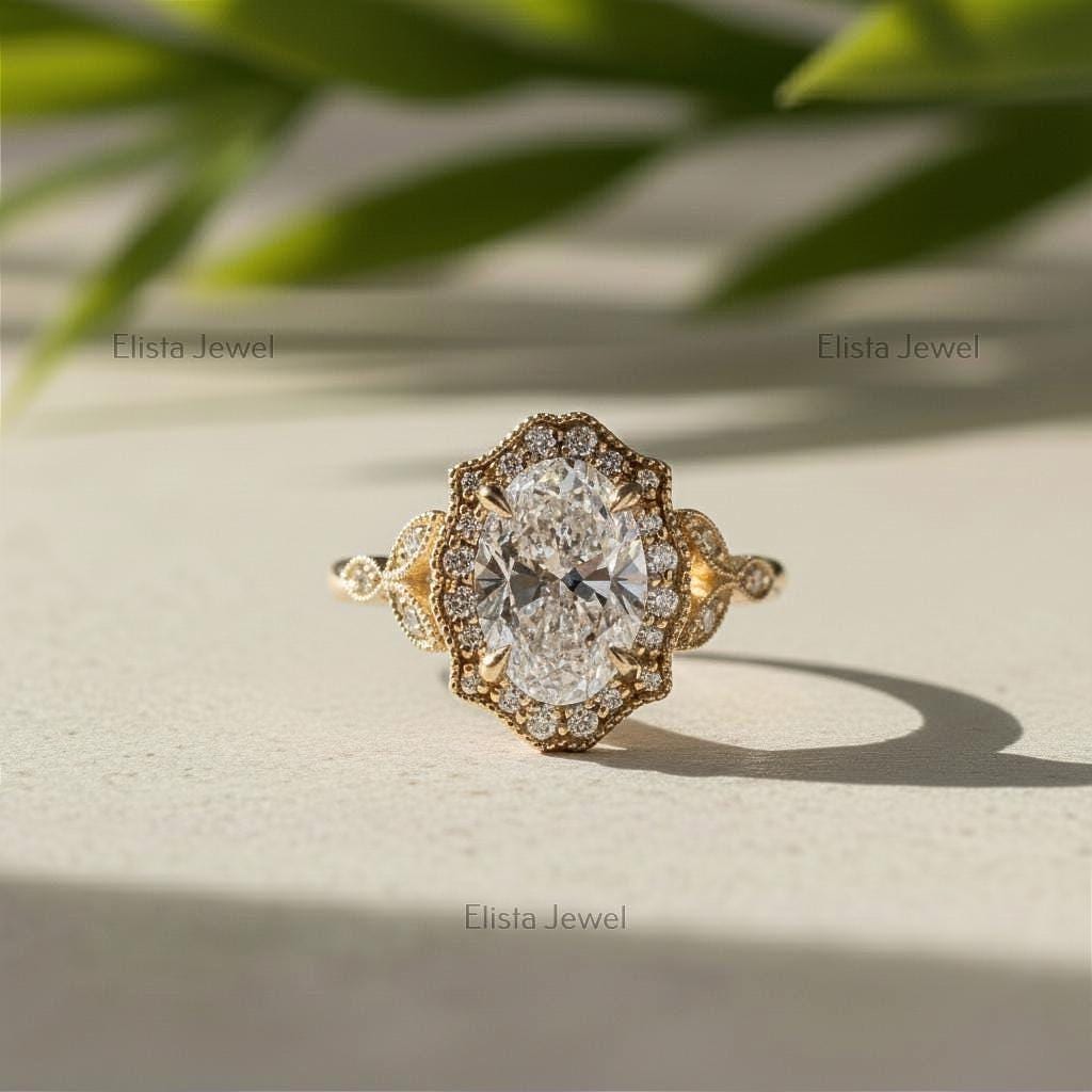 Oval Lab-Grown Diamond Halo Engagement Ring, 14K Yellow Gold Milgrain Twisted Band
