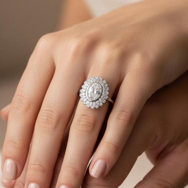 Oval Lab-Grown Diamond Cocktail Ring, Double Halo, 14K White Gold