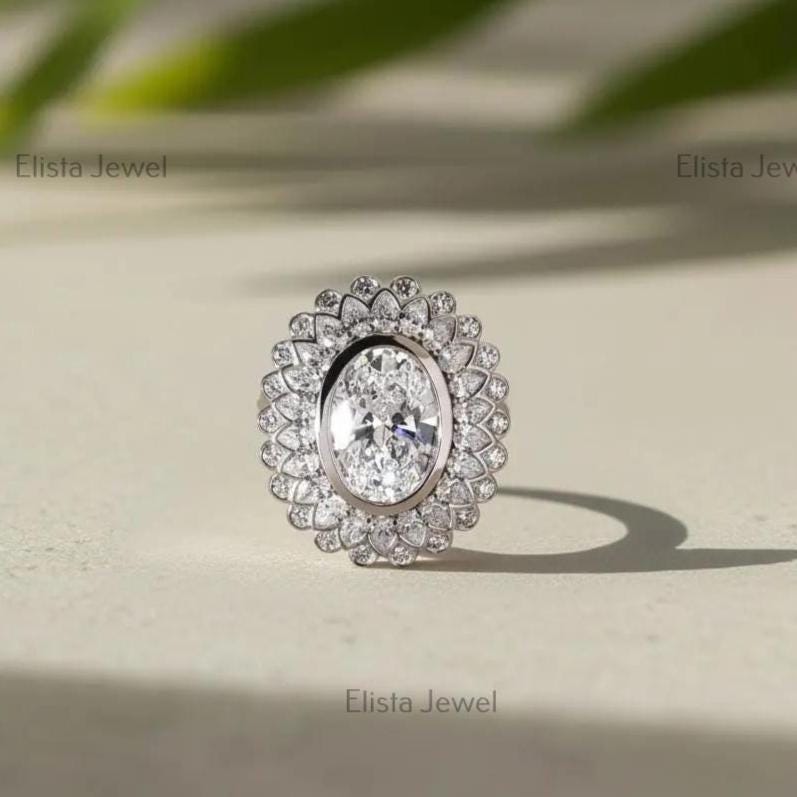 Oval Lab-Grown Diamond Cocktail Ring, Double Halo, 14K White Gold