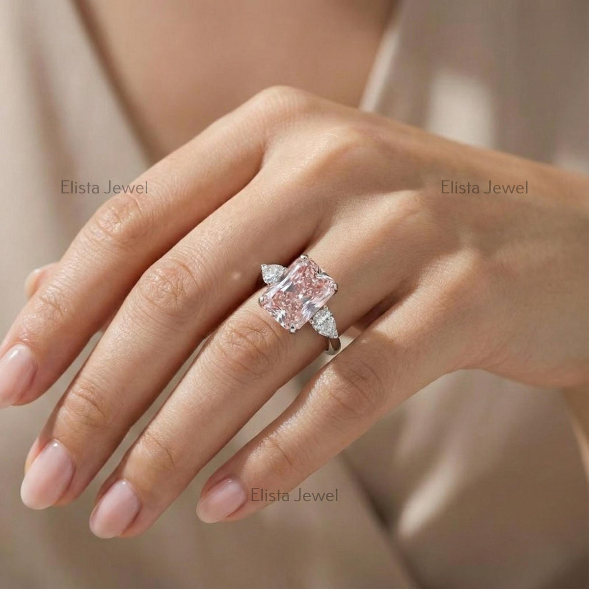 Radiant Lab-Grown Pink Diamond Three Stone Platinum Ring