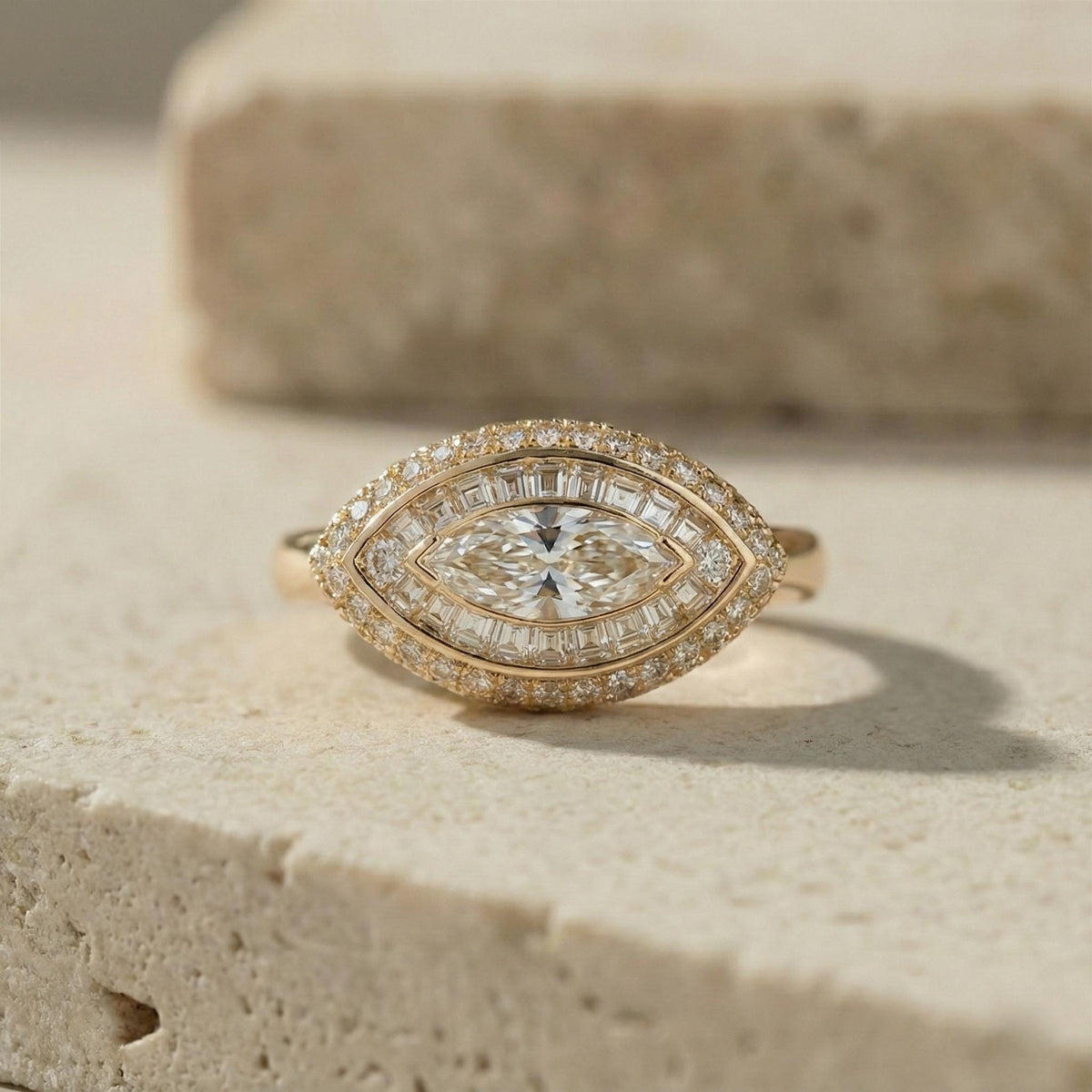 Marquise Lab-Grown Diamond Double Halo Ring, 14K Yellow Gold Art Deco Cocktail Ring