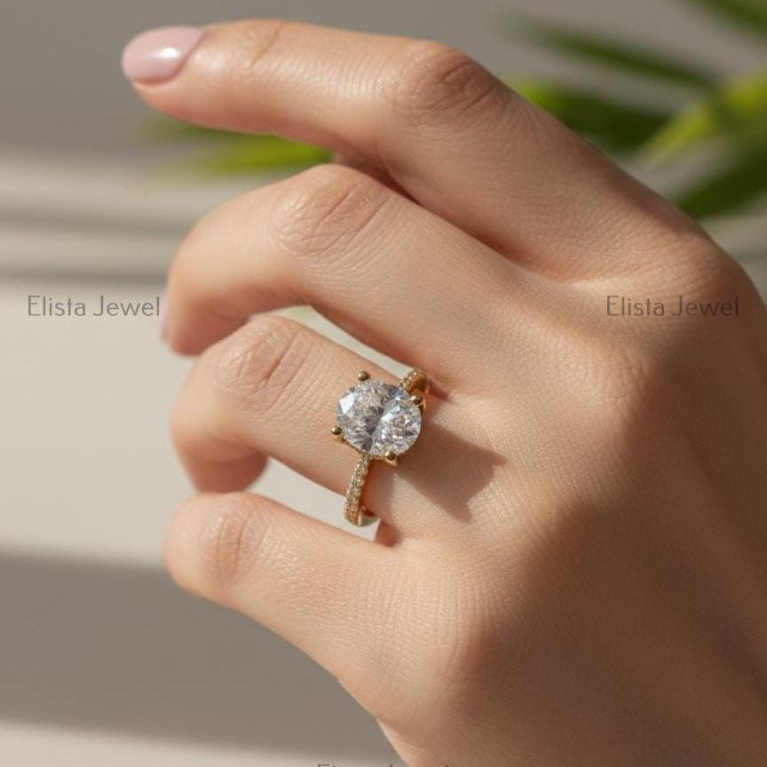 2 Carat Oval Lab Grown Diamond Ring, 14K Yellow Gold Pavé Band