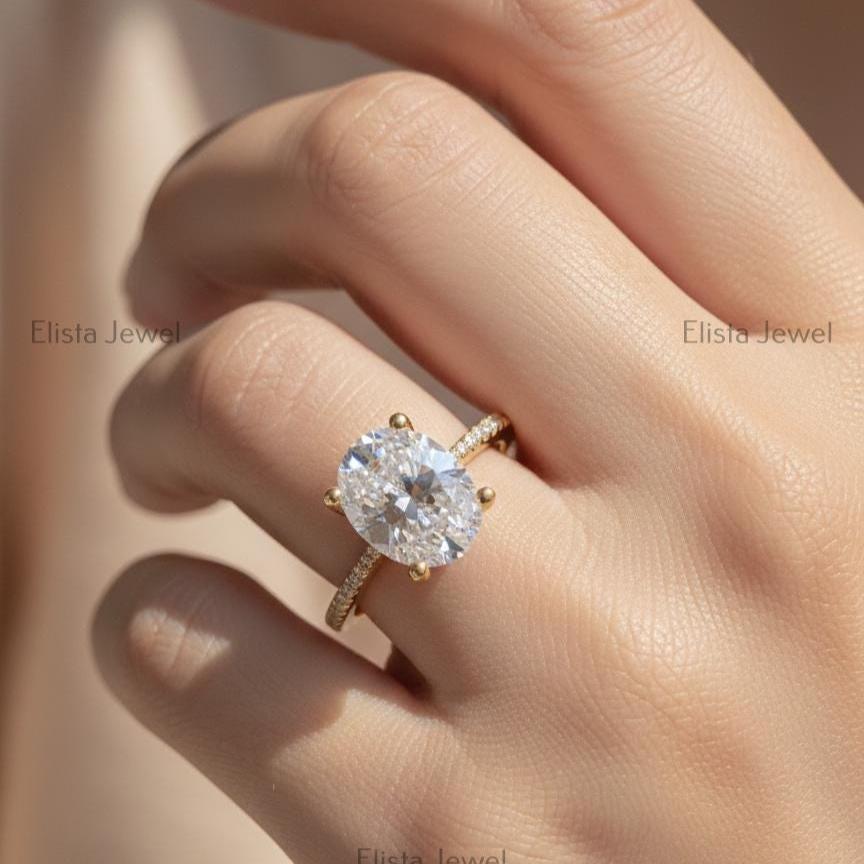 2 Carat Oval Lab Grown Diamond Ring, 14K Yellow Gold Pavé Band