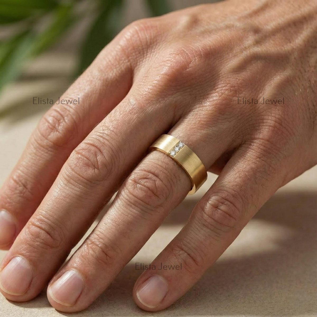 Mens Wedding Band 10K Solid Yellow Gold, Round Lab-Grown Diamond Band For Men