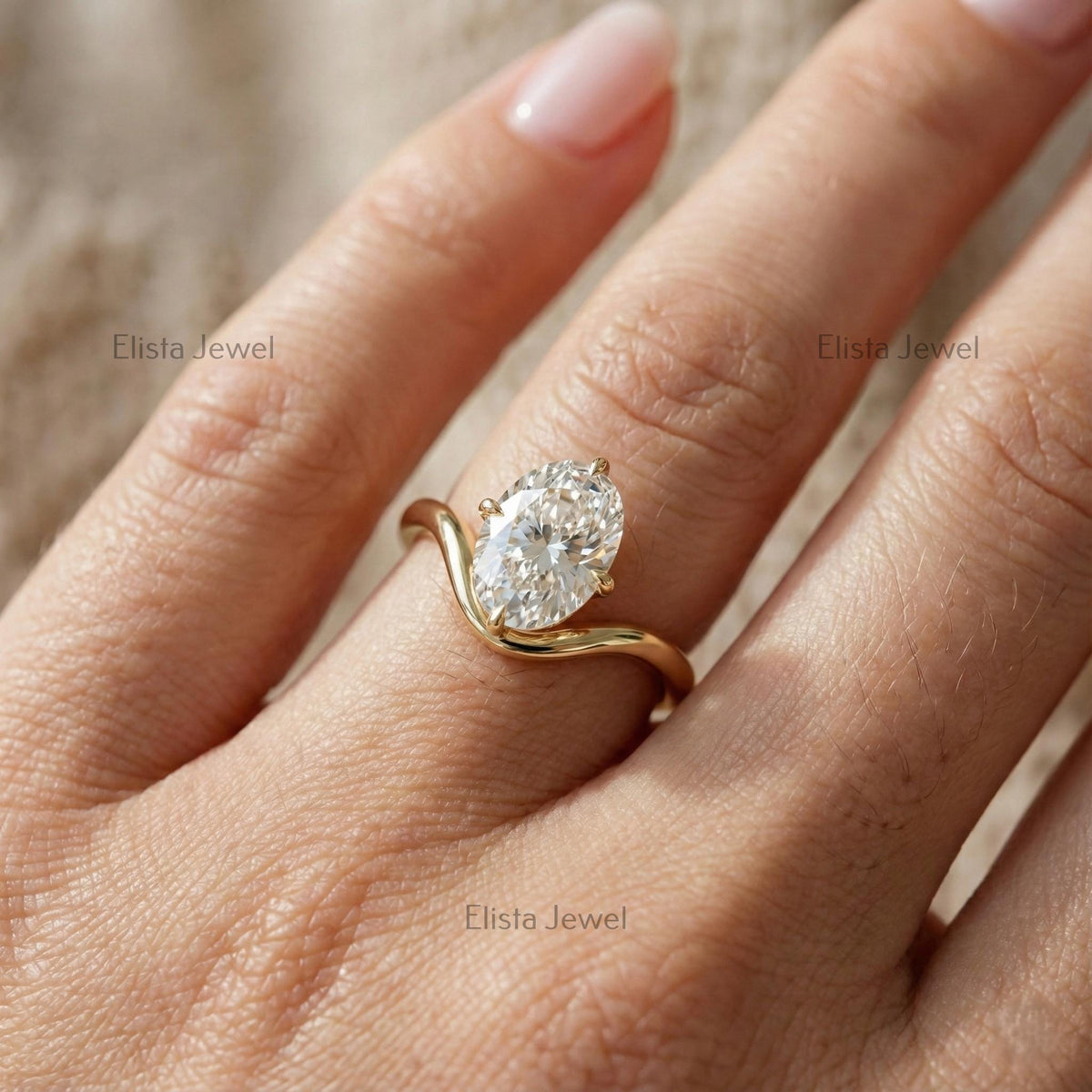 Oval Lab-Grown Diamond Engagement Ring, 14K Yellow Gold Wave Band