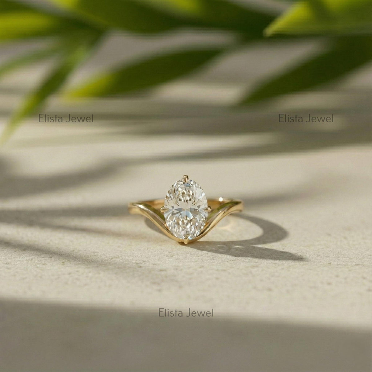 Oval Lab-Grown Diamond Engagement Ring, 14K Yellow Gold Wave Band