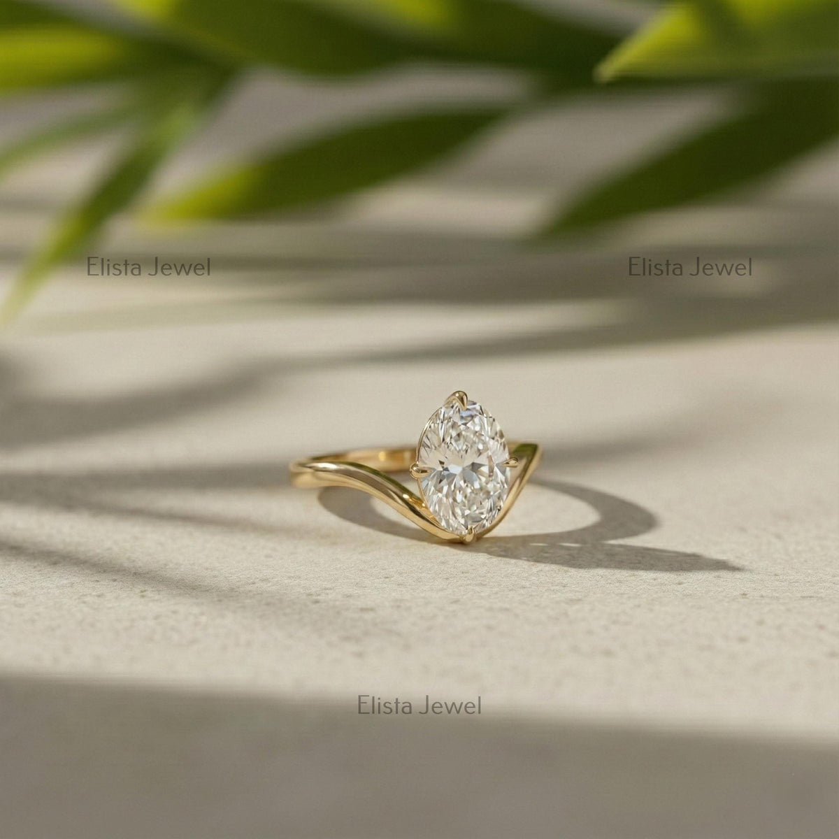 Oval Lab-Grown Diamond Engagement Ring, 14K Yellow Gold Wave Band