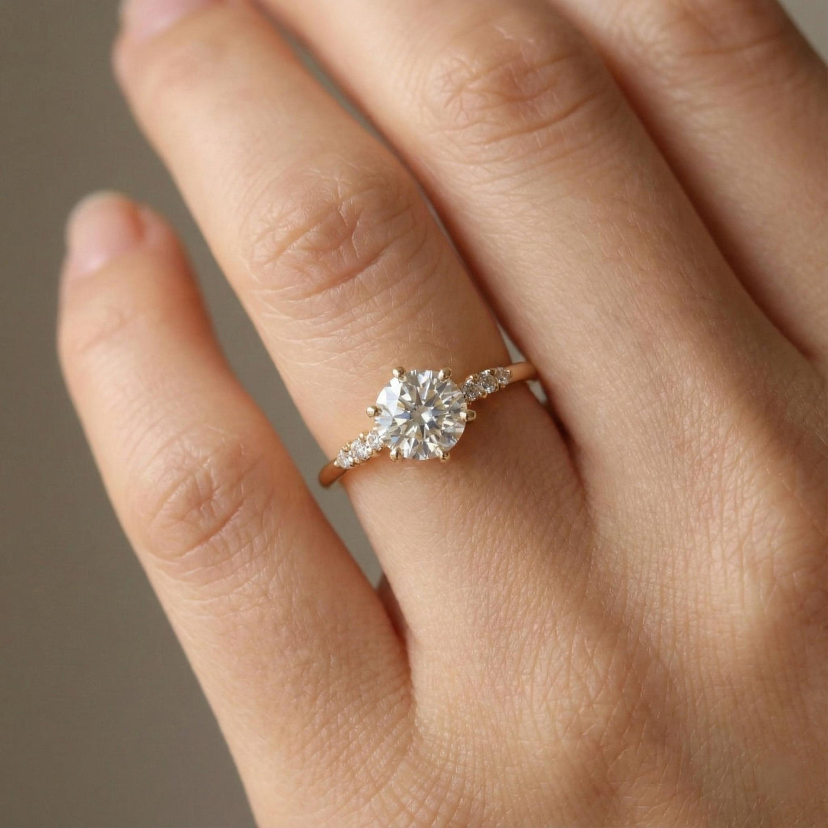 Round Diamond Ring Lab Grown Engagement 14K Yellow Gold Dainty Side Stone Band