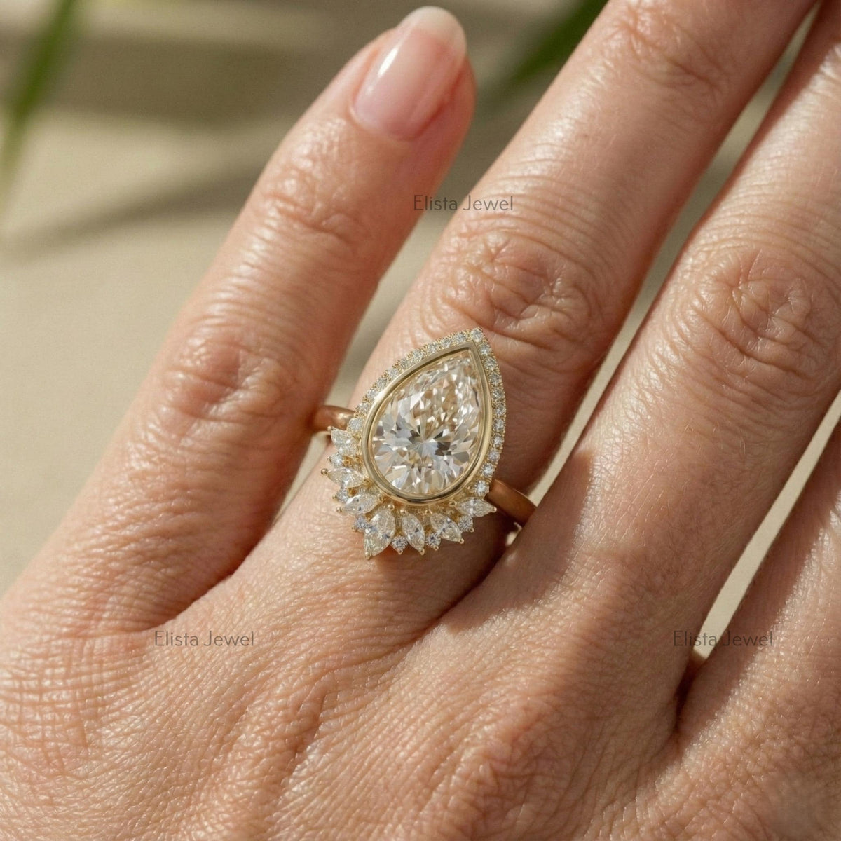 Pear Lab-Grown Diamond Halo Ring, Yellow Gold Art Deco Engagement Ring