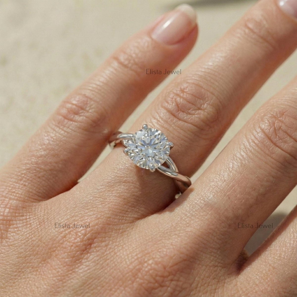 Round Lab Grown Diamond Solitaire Engagement Ring: 14K White Gold Twisted Infinity Band